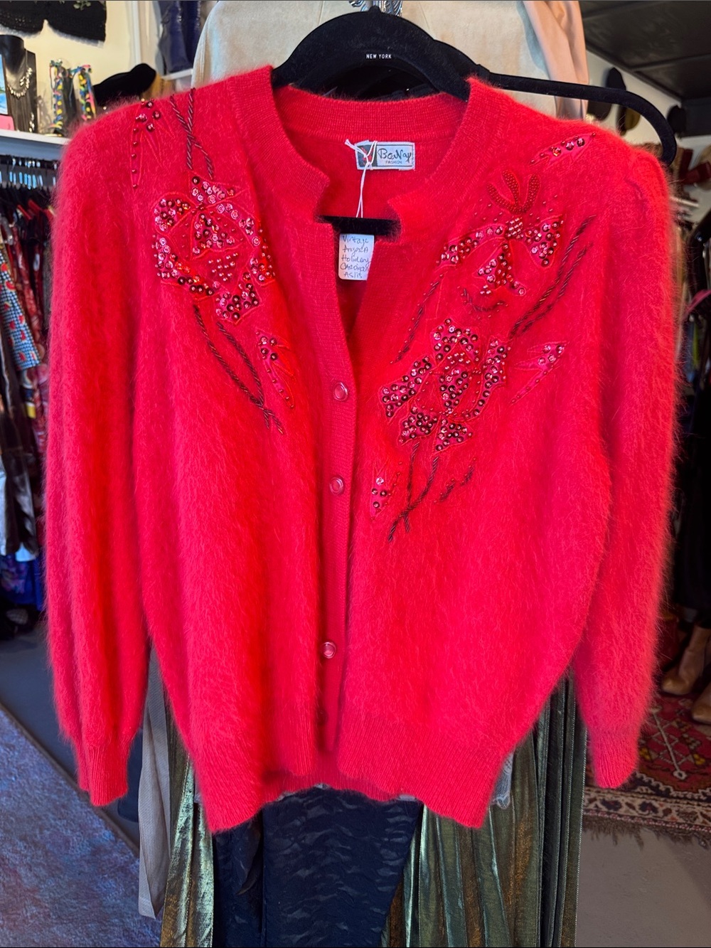 Vintage Red Embellished Angora Blend Cardigan Sweater
